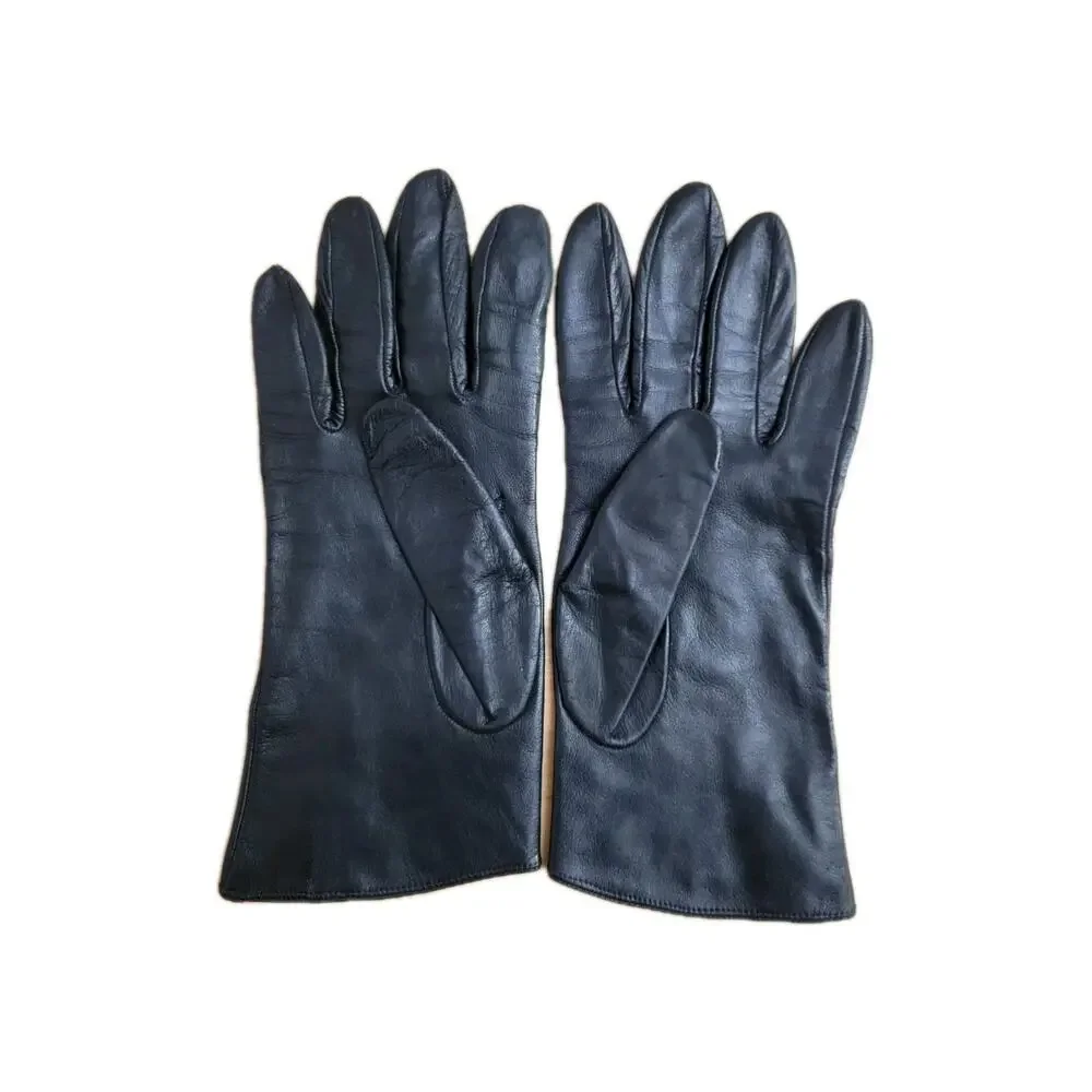 Carolina Amato Women's 7 1/2 Black Lambskin Embroidery Apliqe Silk Lined Gloves